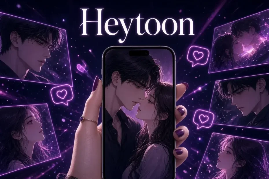 Heytoon feature image – mature webtoon and manhwa reading app showing romantic couple on phone screen
